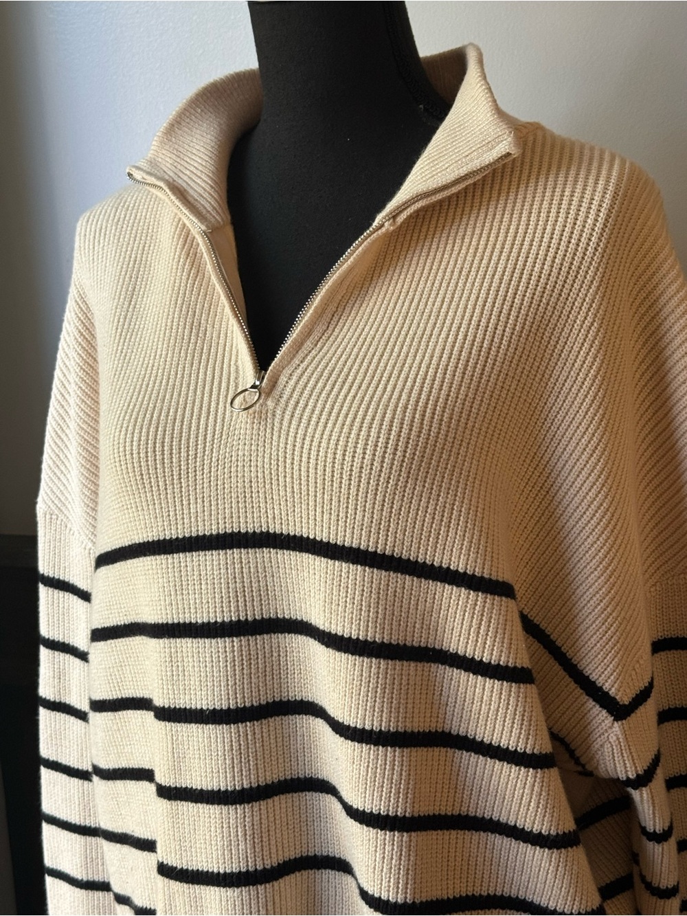 Quarter-Zip Striped Turtleneck Sweater - Cream/Black - Picture 3 of 8